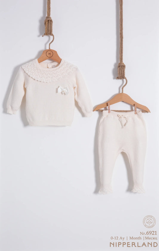 Baby Girl Knit Outfit 2-Piece Set – Crochet Collar Sweater