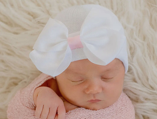 Sophie White Big Ribbon Bow with Pink Ribbon Center Newborn