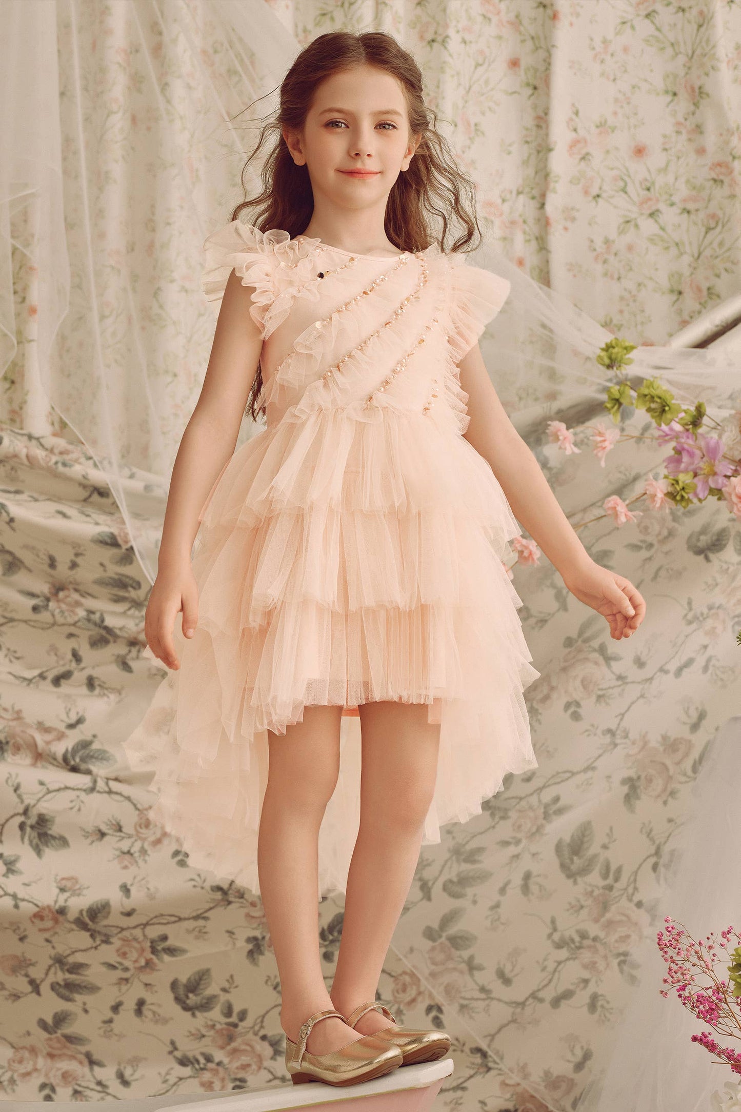 Elegant Pearls Flutter Sleeves Toddler Dress