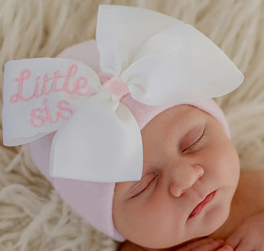Little Sis Ribbon Bow Hat For Baby Sisters - Newborn Girls
