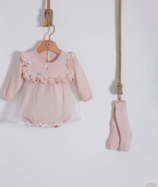 Nipperland Knit Baby Dress with Lace Accents & Matching Knitted Socks