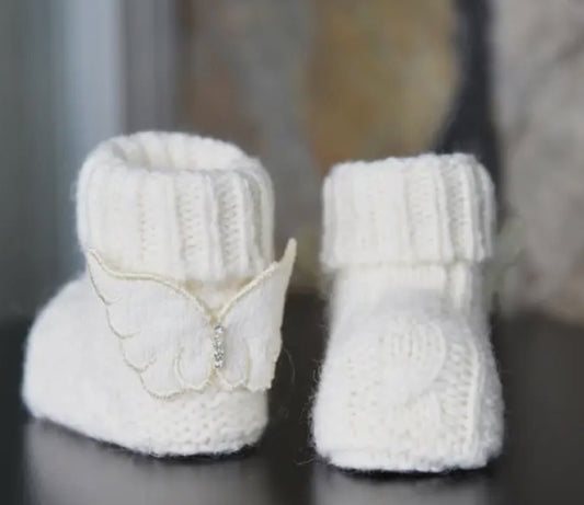 Cream Knit Baby Booties with Angel Wing Accents - 0-6 Months